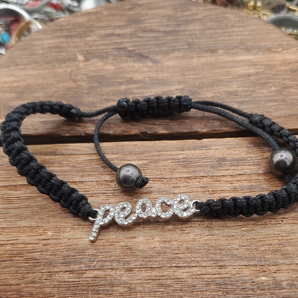 Jewelry - Black Braided Bracelet with Peace Charm B3433